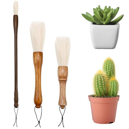 Cactus Plants Cleaning Brushes,Wooden Handles with Goat Hair Bristles,Garden Plant Cleaning Tools,Mild and Soft,Extra-Long Bristles，Three Different Lengths, Suitable for Various Plants and Scenarios.