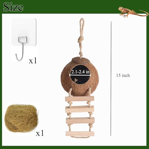 HERCOCCI Gecko Tank Accessories, Hermit Crab Toys Coconut Shell | Natural Coconut Husk Hut with Climbing Ladder with Suction Cup for Leopard Gecko Snake Reptiles