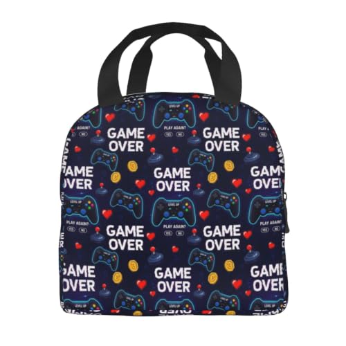 Men Gaming Video Print Insulated Cooler Lunch Bag | Neon Gaming Video Games Red Blue Game Over, Heavy-Duty Nylon Cooler Bag, Large Capacity for Camping, Beach & Work - color: Pattern (862)