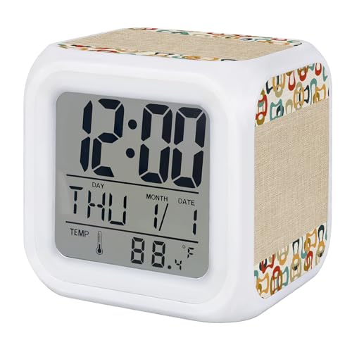Colored Rings Alarm Clock, Abstract Retro Colorful Ring Linen Texture Digital Clock Night Light with 7 Color, Calendar Temperature Display, NightLight Clock for Bedroom, 3.2x3.2in - color: Brown, Rust, Teal