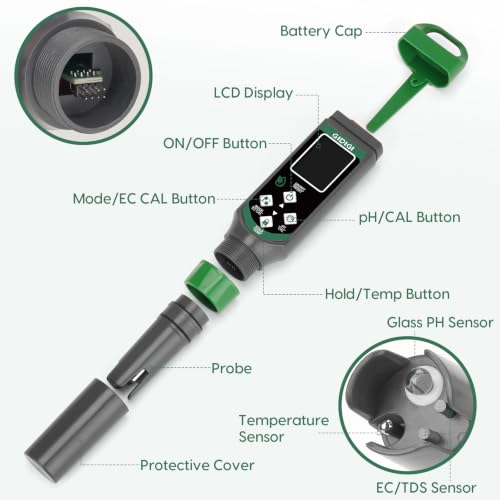 Hydroponic Nutrient Tester pH Meter, Digital TDS PPM Meter for Water | ATC/AAA Battery/Calibration Kit/pH Reset, 4 in 1 EC TDS Hydroponic pH Kit for DWC/NFT/Aeroponic Systems Hydroponic Garden
