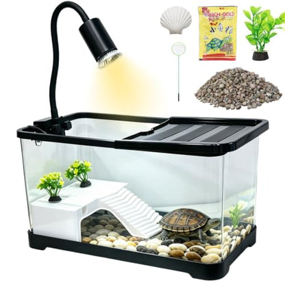 Turtle Aquarium with Lamp, High Transparent with Drain Hole & Protective Top, All-in-one Reptile Terrarium Kit with Basking Light, Hideout & Multi-Area Habitat for Small Tortoise Amphibian