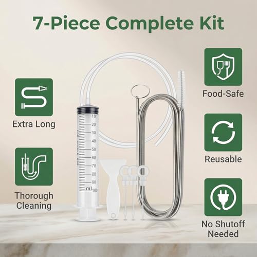 7-Piece Refrigerator Drain Hole Cleaner Kit, 60in Flexible Fridge Drain Cleaning Brush & Hose Set with Syringe, Plungers and Shovel for Unclogging Fridge Water Line & Dispenser