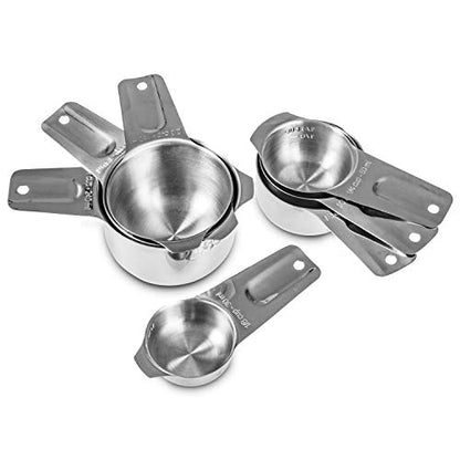 7-Piece 18/8 Stainless Steel Measuring Cups Set, Silver | Includes 1/16, 1/4, 1/3, 1/2, 2/3, 3/4 and 1 Cup, Engraved US and Metric Markings, Pour Spouts and Ring Connector - color: Silver, size: 7 Piece