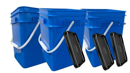 4 Gallon Square Food Grade Bucket Pail with Plastic Handles and Lid (Pack of 3) Made in USA containers (Blue) - color: Blue