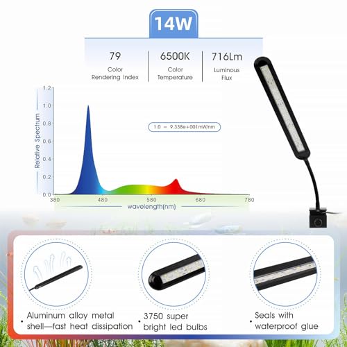 hygger 8-19 Gallon Clip-on Aquarium Light with White Blue Red LEDs Fish Tank Lighting Built-in Timer 5 Brightness Levels 14W - size: 14W