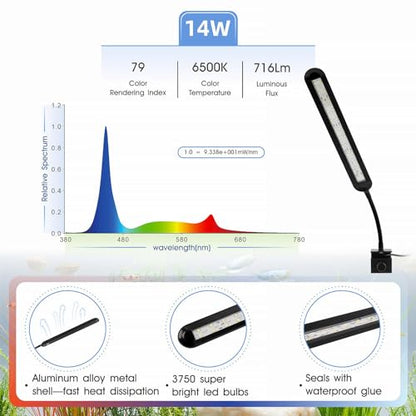 hygger 8-19 Gallon Clip-on Aquarium Light with White Blue Red LEDs Fish Tank Lighting Built-in Timer 5 Brightness Levels 14W - size: 14W