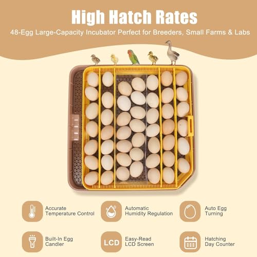 ZEMIRO CHARGE Series IV - 48 Egg Incubator for Breeders, Sensor-Based Precise Humidity & Temp Control, Chick Separator, Adjustable Egg Spacing, Auto Turn & Auto Stop, Preset Incubation Days, Candler - size: 48-Egg Brown