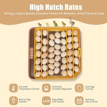 ZEMIRO CHARGE Series IV - 48 Egg Incubator for Breeders, Sensor-Based Precise Humidity & Temp Control, Chick Separator, Adjustable Egg Spacing, Auto Turn & Auto Stop, Preset Incubation Days, Candler - size: 48-Egg Brown