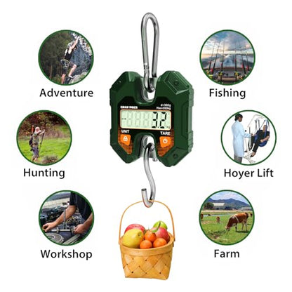 GRAM PRES Digital Hanging Scale 660LB/300KG,Handheld Mini Crane Scale,Deer Hunting Scales,Digital Luggage Scale with Hooks for Farm，Fishing, Fish, Meat，Game,Outdoor.