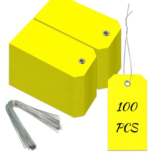 100 Pieces Plastic Shipping Tags with Reinforced Wire Blank Heavy Duty Shipping Waterproof Equipment Moving Tags for Luggage Auto Parts Garage Inventory (Yellow, 2.36 x 4.7) - color: Yellow