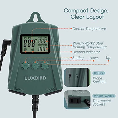 LUXBIRD Digital Temperature Controller LB-2SC, Thermostat Outlet for Reptile Terrarium Greenhouse Grow Tent, 2-Year Warranty, 2-Year Warranty (Green)