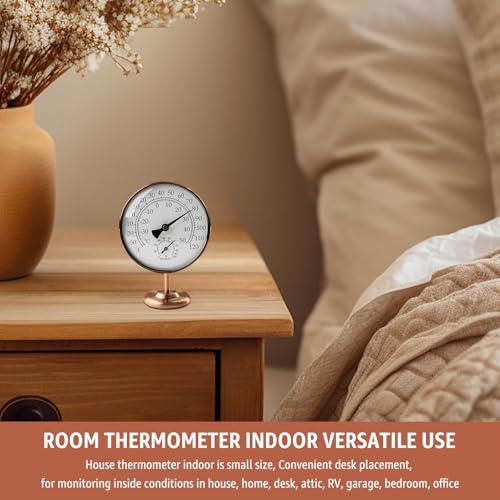 4" Indoor Thermometer & Humidity Gauge, Brass Dial with Stand | Room Analog Temperature & Humidity Monitor, Dual Scale Display, Battery-Free For House Home Desk Bedroom Garage RV