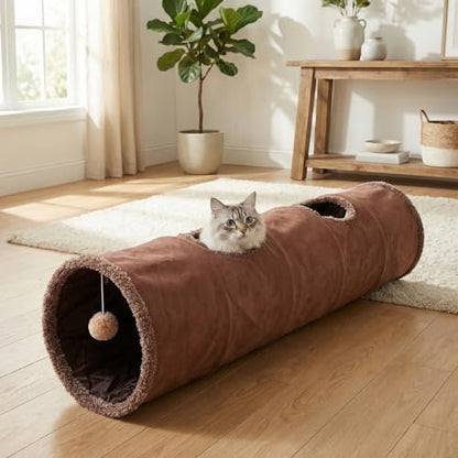 51"x 12" Collasiple Cat Play Tunnel, Cats Tubes and Tunnels, Cat Foldable Hide and Seek Tunnel Toy, Brown Suede Pet Tube Toy for Rabbits, Ferrets, Puppy, Diameter 12 Inch