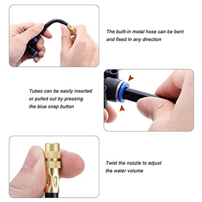 5Packs Brass Misting Nozzles Tee with 4inch Built in Hose 360° Rotation | Adjustable Water Mister Nozzles Thread Sprayer for Outdoor Cooling System 0.043" (1.1 mm) - size: 1 Way - 4inch Hose
