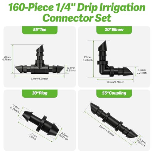 RedChili 160 Pack Drip Irrigation 1/4" Barbed Fittings Kit, Drip System Parts Double Barbed Connectors Includes Couplings Tees Elbows Plugs Fits 1/4-Inch Drip Tubing for Drip Line Connection - size: 1/4" Barbed Fitting-160P