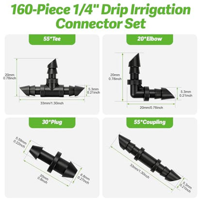 RedChili 160 Pack Drip Irrigation 1/4" Barbed Fittings Kit, Drip System Parts Double Barbed Connectors Includes Couplings Tees Elbows Plugs Fits 1/4-Inch Drip Tubing for Drip Line Connection - size: 1/4" Barbed Fitting-160P