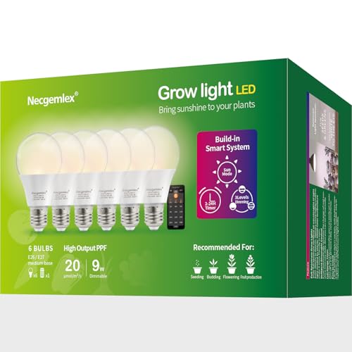 Smart Grow Light Bulbs for Indoor Plants, Programmable Timer and Dim | Full Spectrum Plant Grow Bulbs, Dimmable, 9W, E26/27, 4500K, Remote Control, Sun Mimics Mode, Daily Auto On/Off, 6Pack - size: 6 Pack