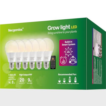 Smart Grow Light Bulbs for Indoor Plants, Programmable Timer and Dim | Full Spectrum Plant Grow Bulbs, Dimmable, 9W, E26/27, 4500K, Remote Control, Sun Mimics Mode, Daily Auto On/Off, 6Pack - size: 6 Pack