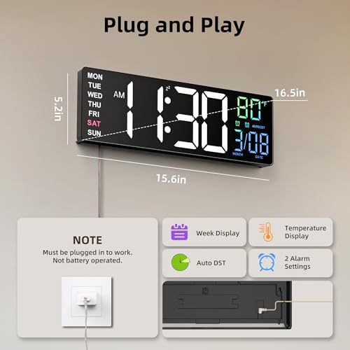 EASYERA 16.5" Large Digital Wall Clock with Low-Glare Display, 10 RGB Modes | BT Sync, Auto DST, Adjustable Brightness, Dual Alarms, Remote Control, Temperature for Living Room, Classroom, Home, Office