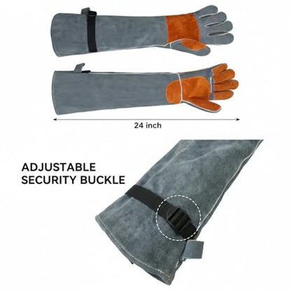Long Leather Welding Gloves Animal Handling Scratch Bite Proof | 24 Inch Full arm coverage.Flame-retardant split leather shields against intense welding heat and animal bites. - color: Grey