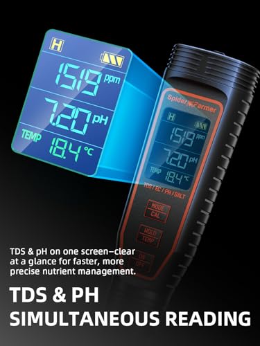 Spider Farmer 5-in-1 Digital pH Meter Kit Pen Tester for Water Hydroponics | pH, TDS, EC, Temp, and Salinity 5-in-1 Pen Tester Kit, Auto Temperature Compensation, ±0.01 High Accuracy, IP67 Waterproof