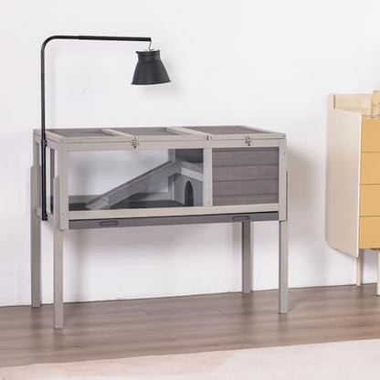 BIRASIL Wood Tortoise Enclosure with Adjustable Light Stand,2-Tier Habitat Reptile Cage with Feeding Area Swimming Area, Turtle House for Small Animals Lizards Hamster (Gray) - color: Gray