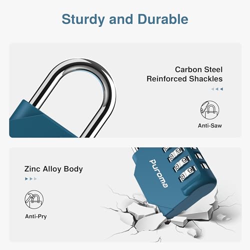 Puroma 1 Combination Lock Locker 4 Digits Combo Padlock Gym Peacock Blue | For School Gate Fence Toolbox Hasp Storage, Outdoor, Resettable, Weatherproof, Side Window, Crack Cut Resist, Hardened Steel - color: Peacock Blue