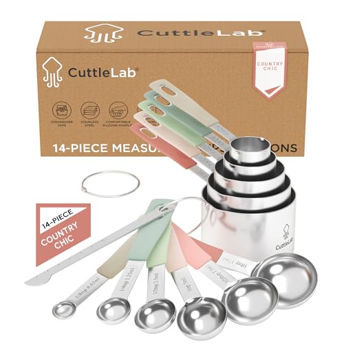 Measuring Cups and Measuring Spoons Set of 14 - Stainless Steel Measuring Cups and Spoons Set, Includes 1/8 Teaspoon Measuring Spoon, 1/8 Cup Measuring Cup, Leveler Dry (14, Country Chic) - color: Country Chic