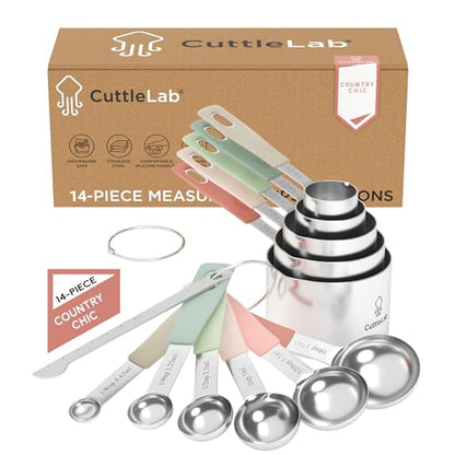 Measuring Cups and Measuring Spoons Set of 14 - Stainless Steel Measuring Cups and Spoons Set, Includes 1/8 Teaspoon Measuring Spoon, 1/8 Cup Measuring Cup, Leveler Dry (14, Country Chic) - color: Country Chic
