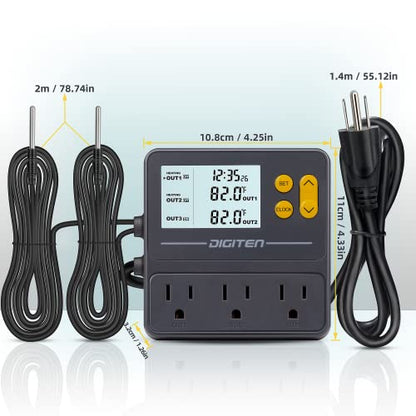 DIGITEN Day-Night Reptile Temperature Controller with Timer | 3-Stage Thermostat Outlet, Cooling & Heating Mode for Terrarium, Ball Python, Bearded Dragon, Heat Mat,Mushroom, Fermentation