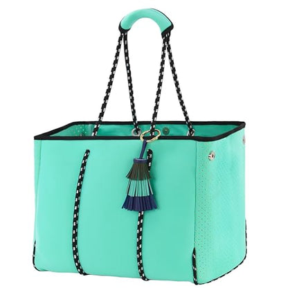 Hibala Neoprene Multipurpose Beach Bag,Gym/Travel/Pool Bag,Tote For Women&Men - color: Mint Green Tassel