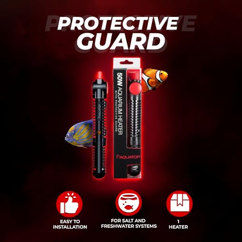 Aquatop 50W Premier Glass Heater with Guard – Submersible for Fish Tanks Up to 13 Gallons – 68-93°F Adjustable Temp – Fresh & Saltwater Use - size: 50 Watts