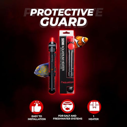 Aquatop 50W Premier Glass Heater with Guard – Submersible for Fish Tanks Up to 13 Gallons – 68-93°F Adjustable Temp – Fresh & Saltwater Use - size: 50 Watts