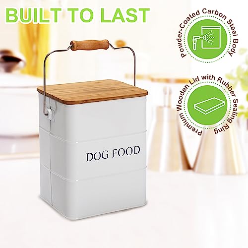 Dog Food storage container Dog Treats Jar,5~6 lb Metal food treats tin for Dog, pet snacks Canisters with wooden lid/handle/sevice scoop-White - color: Dog-White