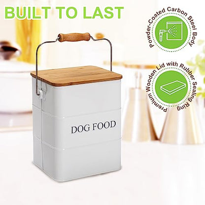Dog Food storage container Dog Treats Jar,5~6 lb Metal food treats tin for Dog, pet snacks Canisters with wooden lid/handle/sevice scoop-White - color: Dog-White