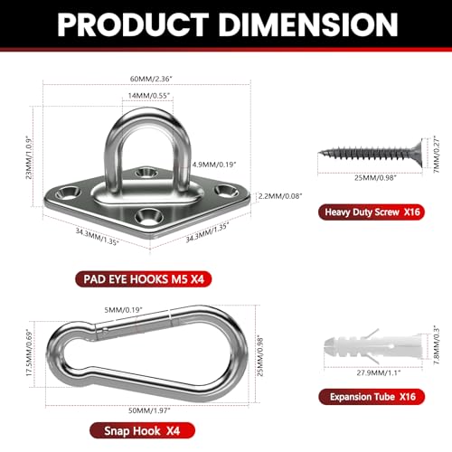 304 Stainless Steel Pad Eye Snap Hook, M5 Ceiling Hook 500Lb,8Pcs | Hanging Kit with Screws for Hammock Chair Swing, Yoga Gym Equipment, Sun Shade Sail, Plant Hangers & Marine Boat Hardware - size: 2 Inch, style: Rhombus