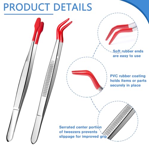 2 Piece Tweezers with Rubber Tips Set, Straight Tip PVC-Coated Precision Tweezers, Rubber Flat Tip Long Bent Tweezers, for Stamps Coins Jewelry Crafts Industrial Electronic Lab