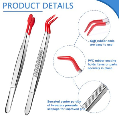 2 Piece Tweezers with Rubber Tips Set, Straight Tip PVC-Coated Precision Tweezers, Rubber Flat Tip Long Bent Tweezers, for Stamps Coins Jewelry Crafts Industrial Electronic Lab