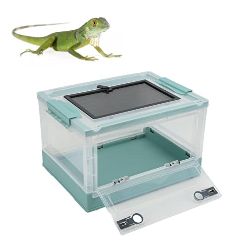 Foldable Reptile Feeding Tank, Ventilated Plastic Terrarium for Lizard Tortoise Frogs, with Mesh Top and Front Door Lock, Detachable Wheels for Easy Move