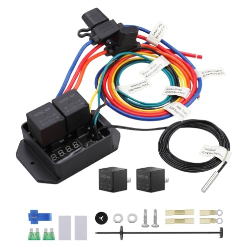 12V/24V Digital Electric Radiator Fan Controller Switch Kit #0444 for Truck | Thermatic Dual Fan Relay Kit With Adjustable Temperature Range (104-230°F), LED Real-Time Display, for Car ATV UTV Marine