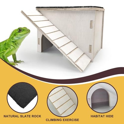 Large Bearded Dragon Basking Platform,Wooden Reptile Hide Cave with Slate Rock Climbing Ramp Tank Accessories for Leopard Geckos,Lizard,Snake,Tortoise (Medium) - size: M:9.1×7.1×7.8"