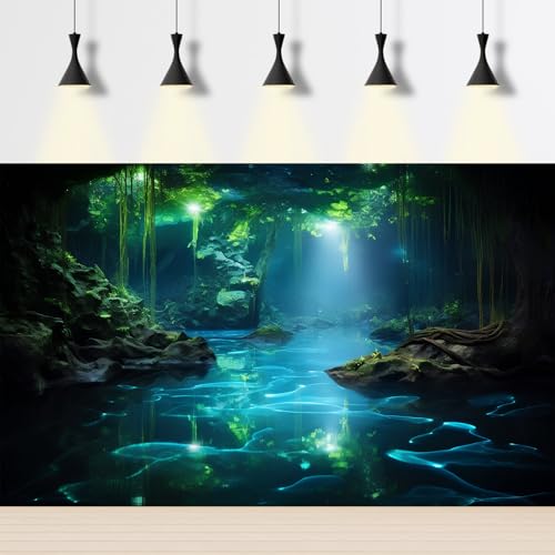 Fantasy Underwater Cave Aquarium Background Light Beam Crystal Clear Water Fish Tank Background Tropical Green Plants Undersea Cave Terrarium Backgrounds Misty Jungle Reptile Tank Backgrounds 24x12in - color: Black_Green, size: 24(W)x12(H)in