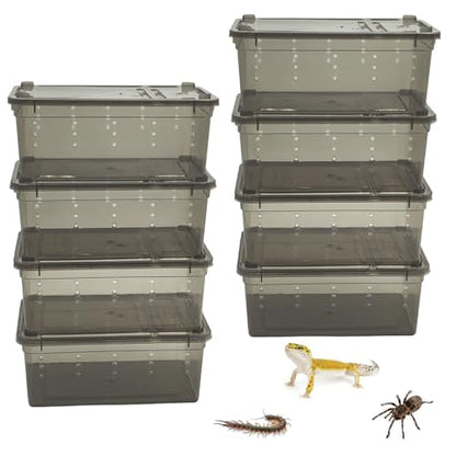 PINVNBY 8 PCS Reptile Feeding Box Portable Snake Breeding Box Reptile Transport Container 7.48"x4.92"x2.95" Plastic Pet Houses for Lizard Spider Scorpion Gecko Insect Tortoise Treefrog(Black)
