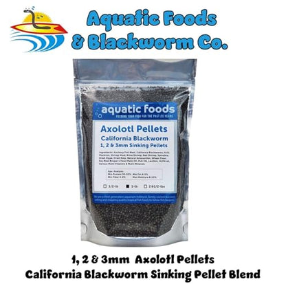Axolotl Blackworm Pellets. 1mm, 2mm, 3mm Size Mix of Sinking California Blackworm Micro Pellets for All Axolotl, Frogs, Shrimp, Salamanders, Newts, Snails…1-lb Pouch Bag - size: 1 Pound (Pack of 1)