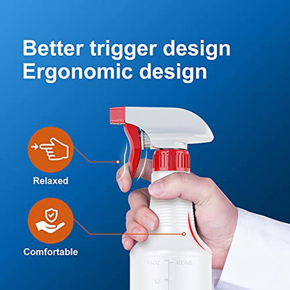 Veco Spray Bottle (2 Pack&2 extra Nozzle,16 Oz) with Measurements and Adjustable Nozzle, HDPE Plastic Spray Bottles for Cleaning Solution, Household/Commercial/Industrial Use, No Leak and Clog - size: 16 oz 2Pack