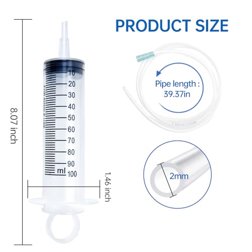 100cc Plastic Syringe - Large Syringe for Liquid with 40" Tubing, Syringes for Liquid, 4 Pack - size: 100ml