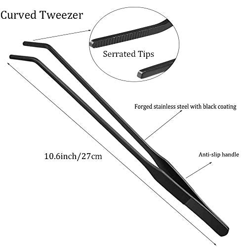 2PCS Aquarium Tweezers Stainless Steel Straight and Curved Tweezers Set Long Handle Reptile Feeding Tongs for Aquatic Plants Lizards Spider Snakes Garden Repairing - 10.6inch, Black - color: 10.6"/Black