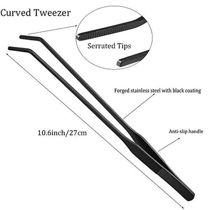 2PCS Aquarium Tweezers Stainless Steel Straight and Curved Tweezers Set Long Handle Reptile Feeding Tongs for Aquatic Plants Lizards Spider Snakes Garden Repairing - 10.6inch, Black - color: 10.6"/Black