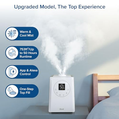 Levoit LV600S Smart Warm&Cool Mist Humidifiers for Home Bedroom Large Room | 6L 753ft² Coverage, Quickly & Evenly Humidify Whole House, Easy Top Fill, Smart Sensor, App & Voice Control, Quiet Sleep Mode